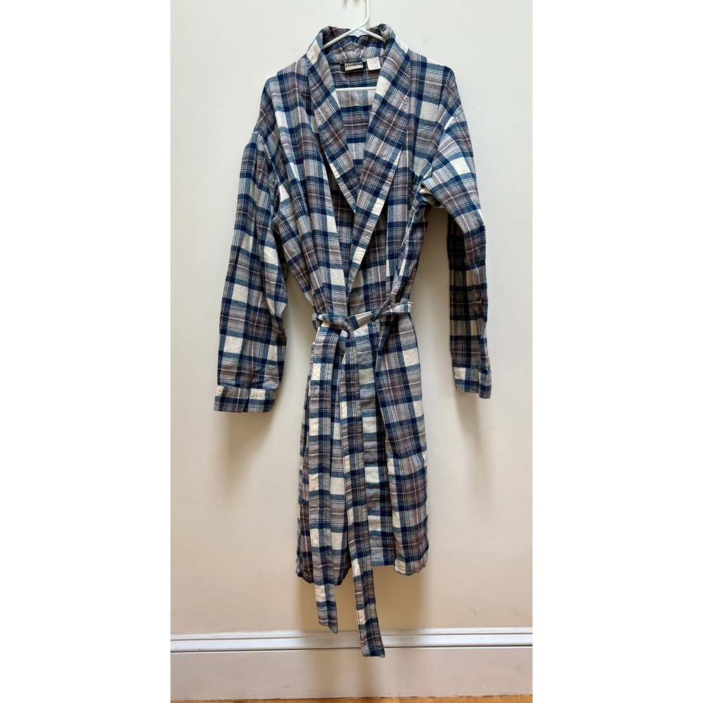 L.L.Bean Robe Women XXL Indigo Tartan Flannel Cotton Belted Pockets Cozy